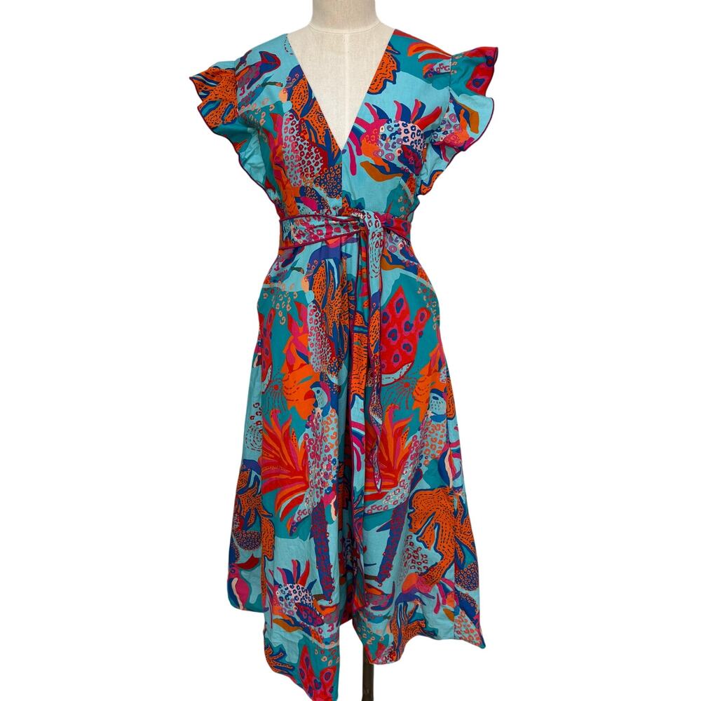 Celina Moon Meghann Midi Floral Poplin V-Neck Belted Dress Small